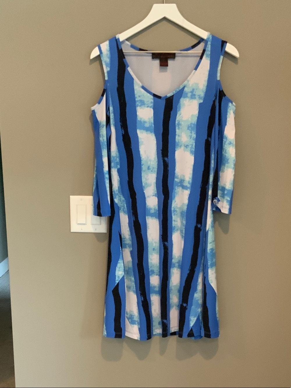 Blue Striped Cold-Shoulder V-Neck Tunic Dress